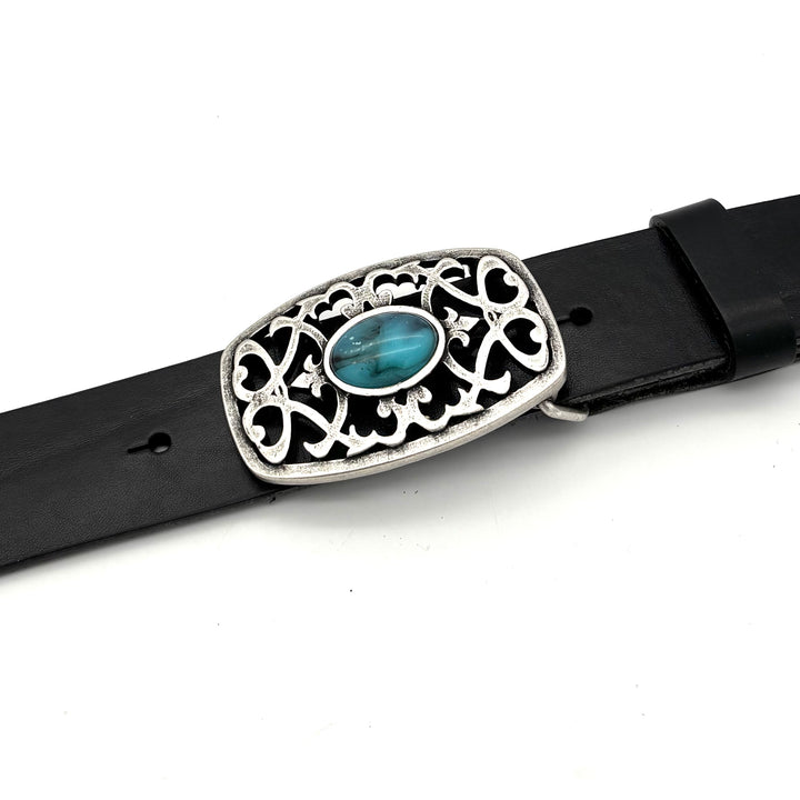 Detailansicht der Gürtelschließe Buckle mit Türkis 40 mm in Silber geschwärzt mit türkisfarbenem Stein
