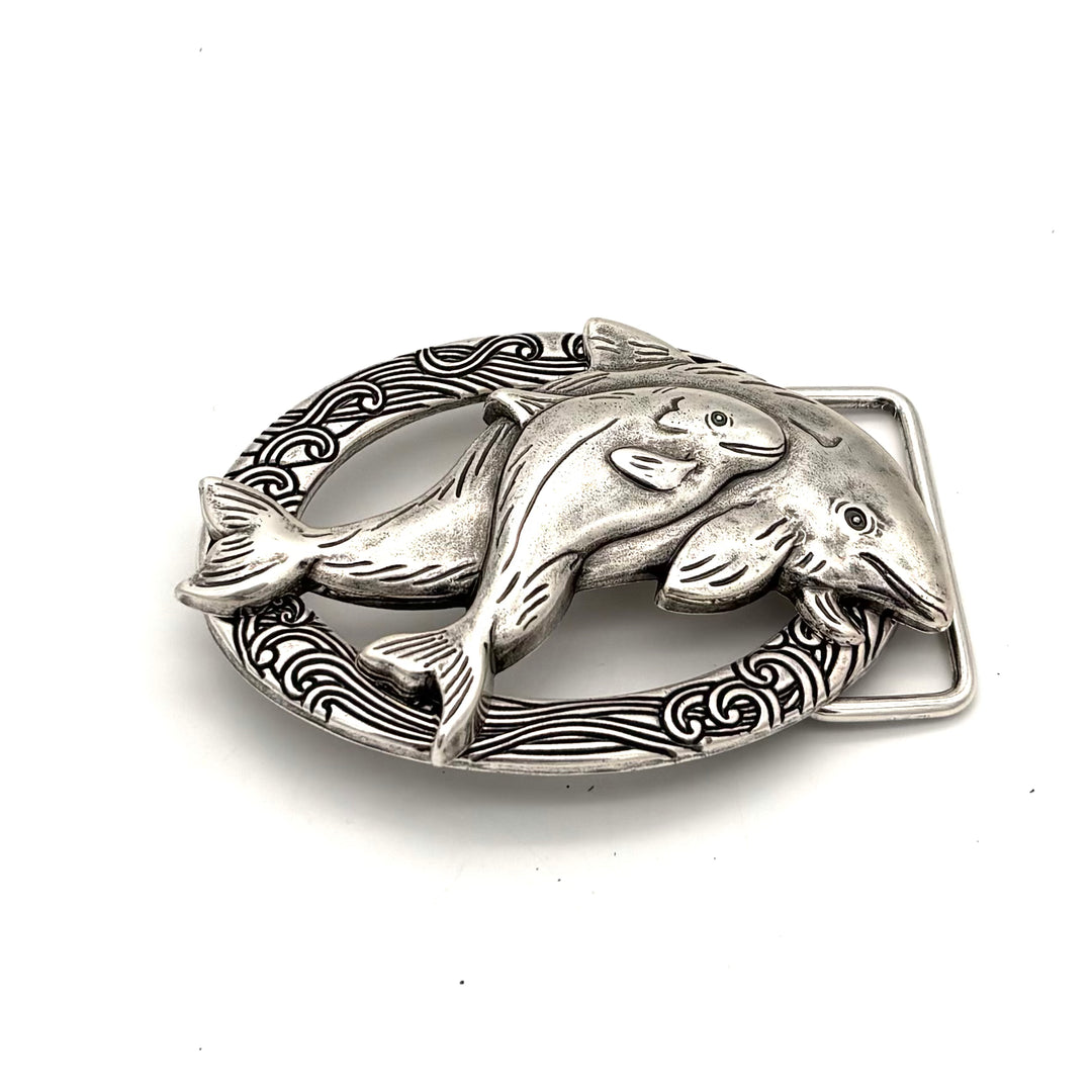 Gürtelschließe Delfin 40 mm in Silber versilbert für Druckknopfgürtel – Frontansicht