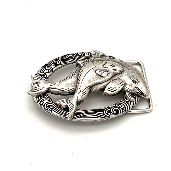 Gürtelschließe Delfin 40 mm in Silber versilbert für Druckknopfgürtel – Frontansicht