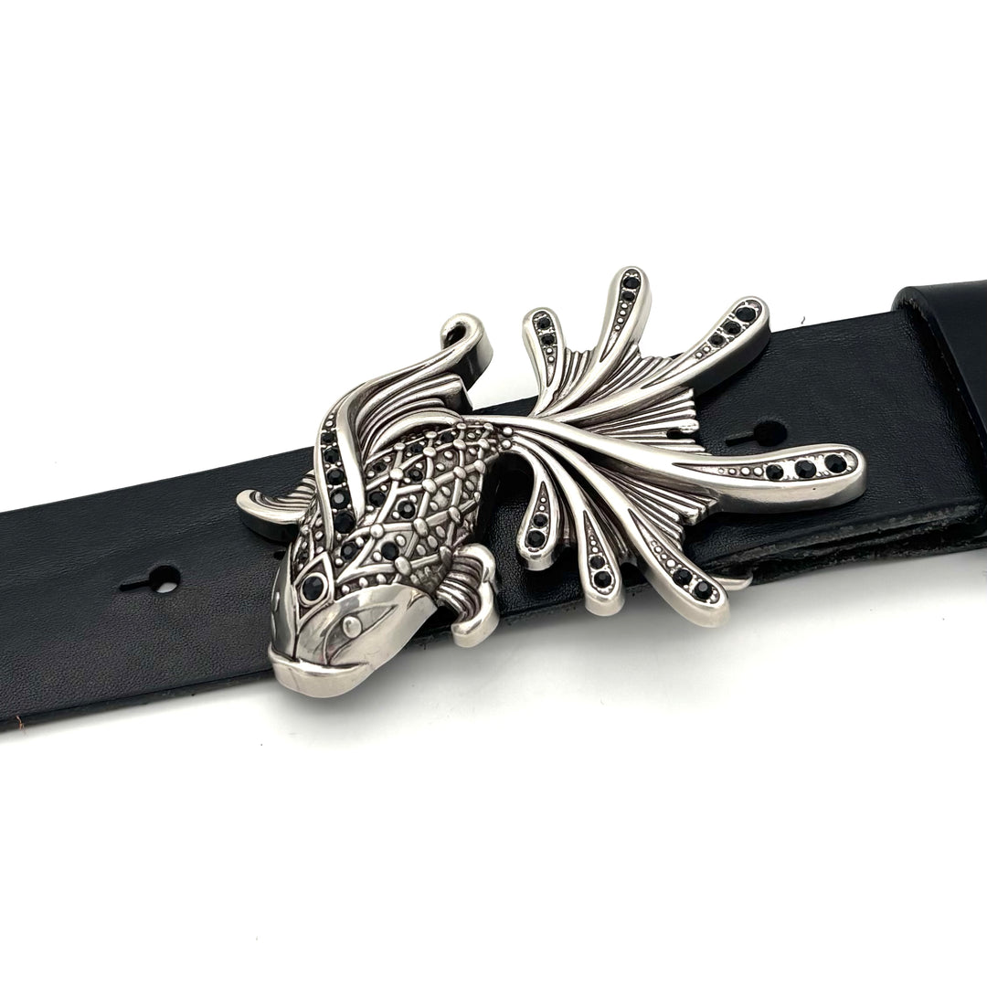 Gürtelschließe Fisch mit Strasssteinen 40 mm Silber geschwärzt – Elegante Wechselschließe für Druckknopfgürtel