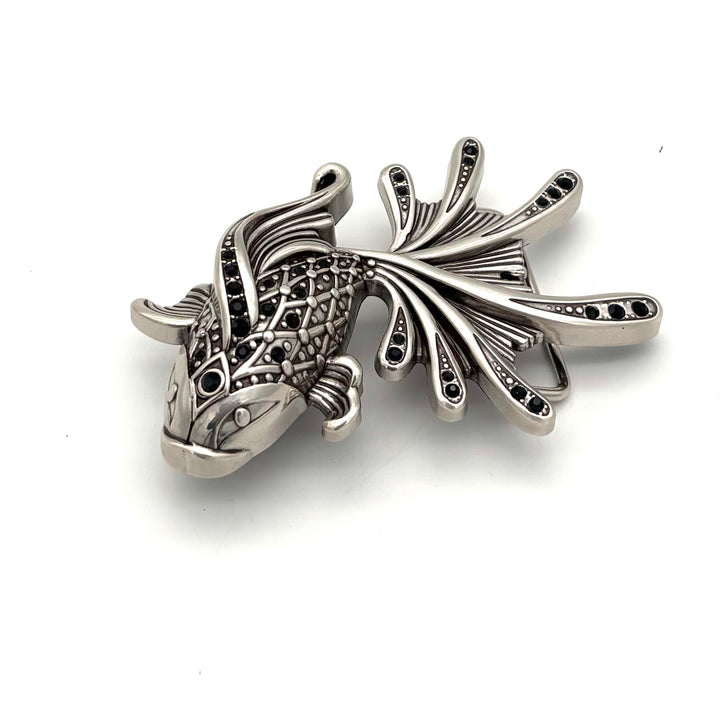 Gürtelschließe Fisch mit Strasssteinen 40 mm Silber geschwärzt – Elegante Wechselschließe für Druckknopfgürtel