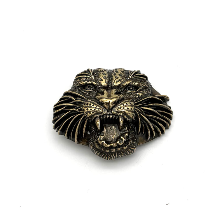 Gürtelschließe Leopard 40 mm in Altgold für Druckknopfgürtel – Frontansicht