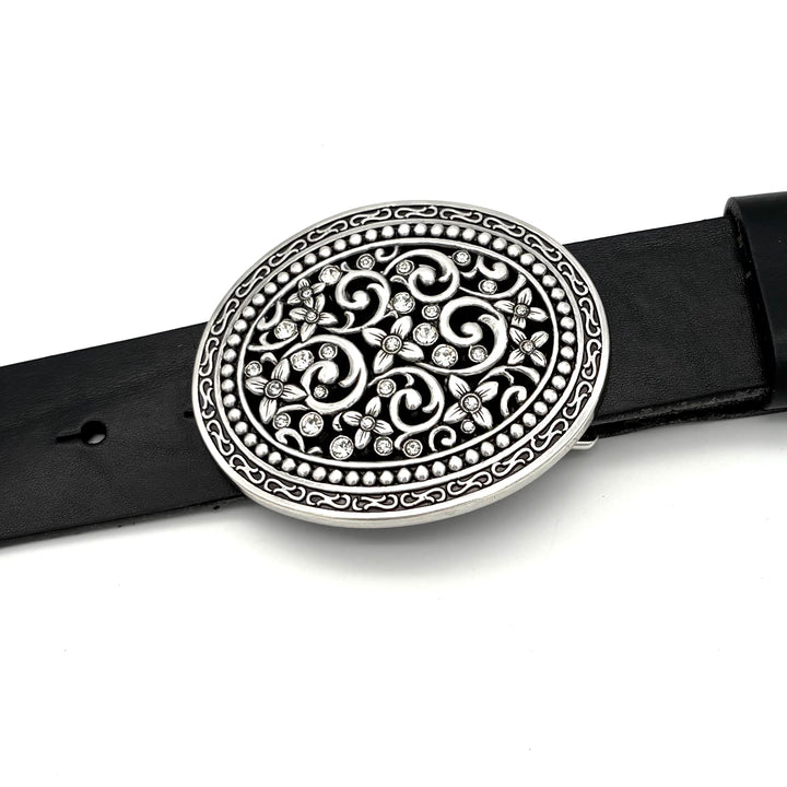Detailansicht der ovalen Gürtelschließe 40 mm in Altsilber mit weißen Strasssteinen