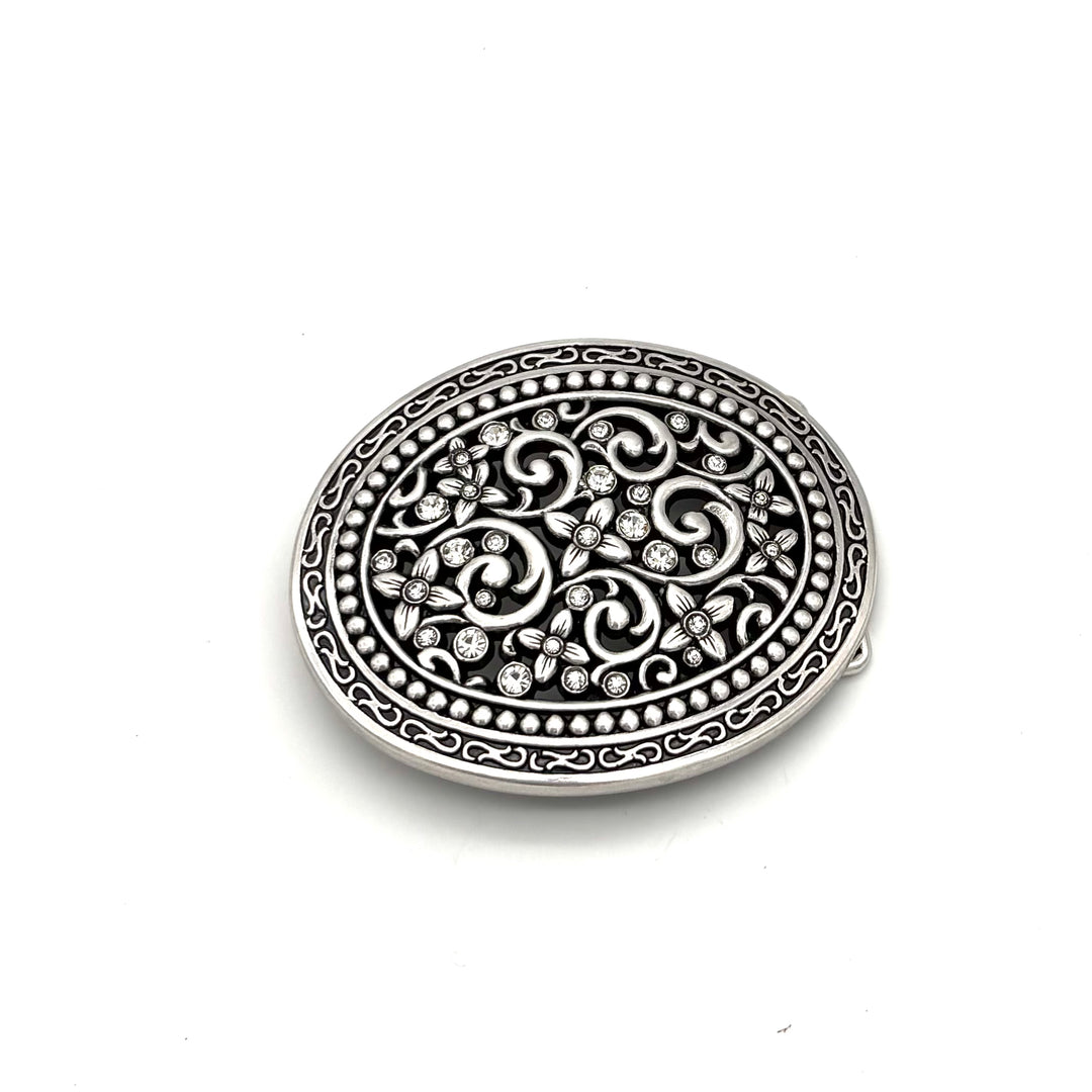 Gürtelschließe Oval mit weißen Strasssteinen 40 mm in Altsilber für Druckknopfgürtel – Frontansicht
