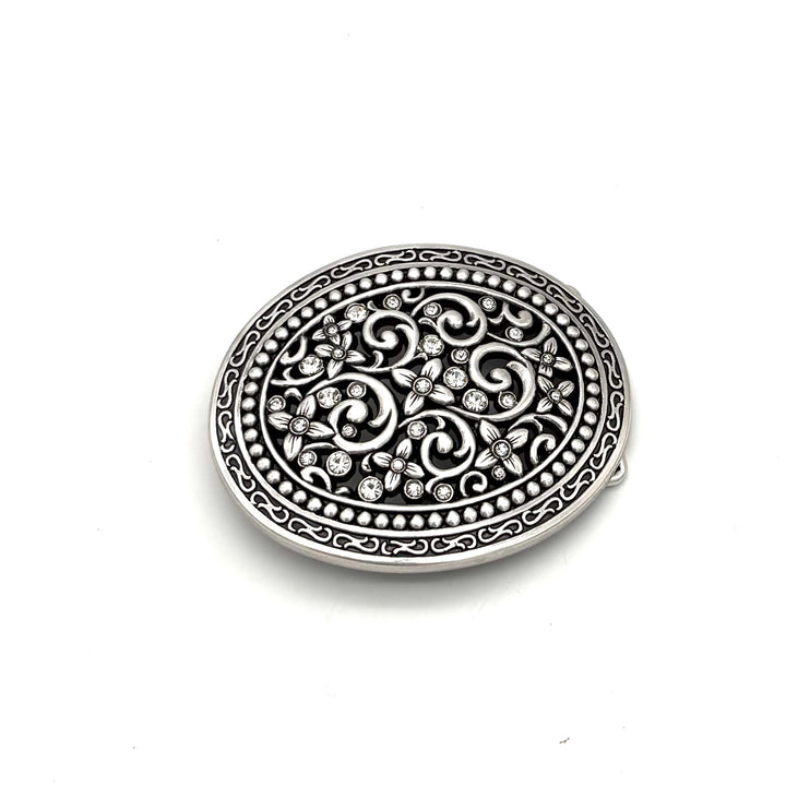 Gürtelschließe Oval mit weißen Strasssteinen 40 mm in Altsilber für Druckknopfgürtel – Frontansicht