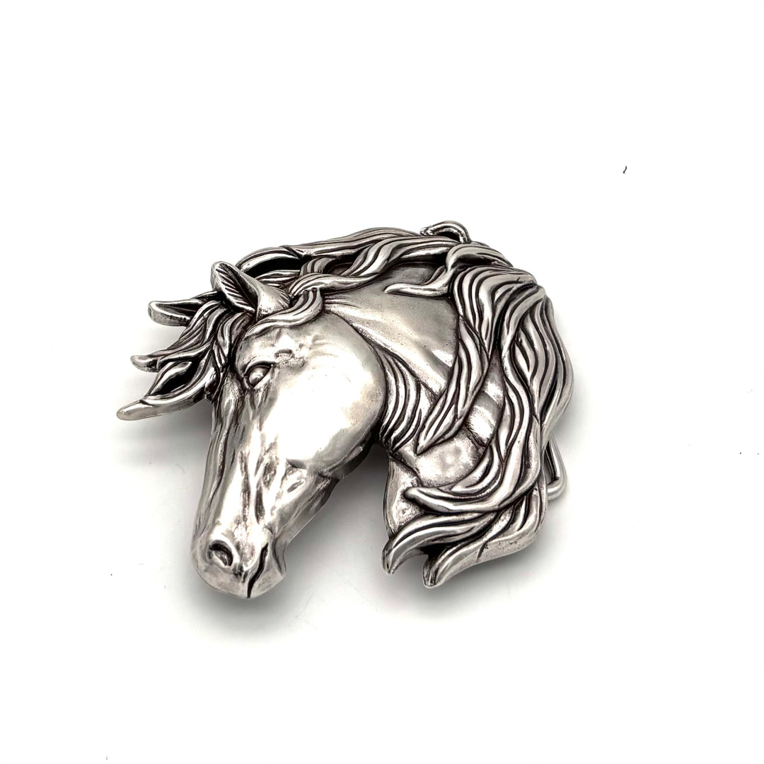 Gürtelschließe Pferdekopf 40 mm in Silber versilbert für Druckknopfgürtel – Frontansicht