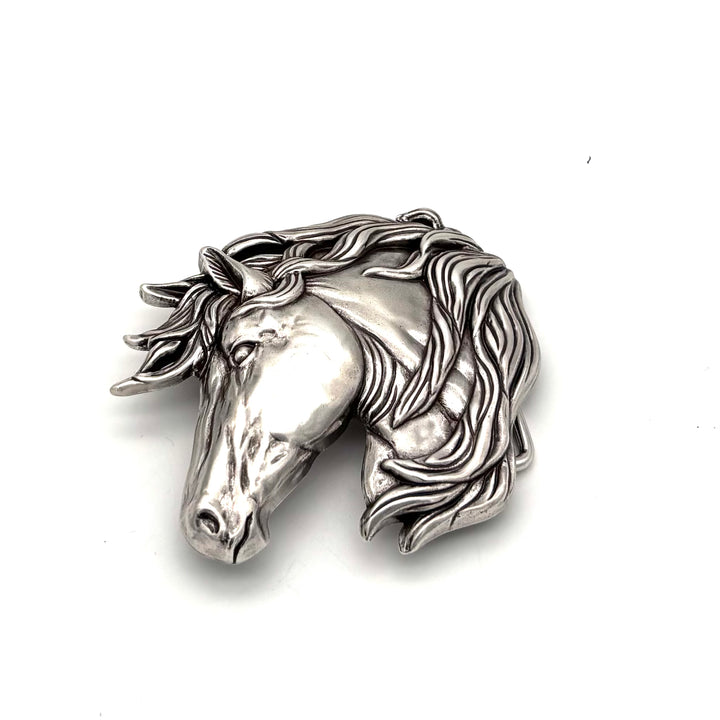 Gürtelschließe Pferdekopf 40 mm in Silber versilbert für Druckknopfgürtel – Frontansicht