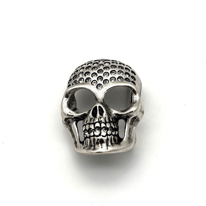 Totenkopf Gürtelschließe 40 mm Altsilber mit weißen Strasssteinen für Druckknopfgürtel Vorderansicht